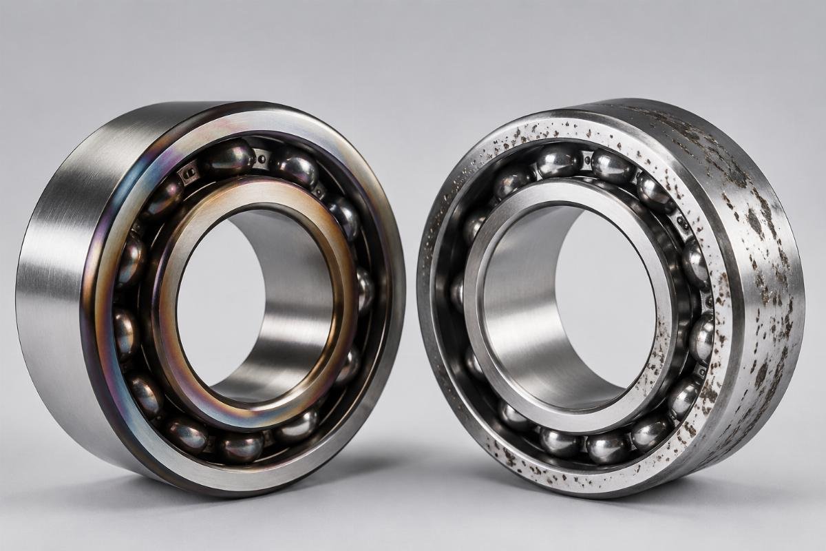Bearing failure analysis: Left - heat discoloration from insufficient clearance; Right - raceway pitting from excessive clearance vibration Bearing failure modes showing overheating from insufficient clearance vs vibration from excessive clearance