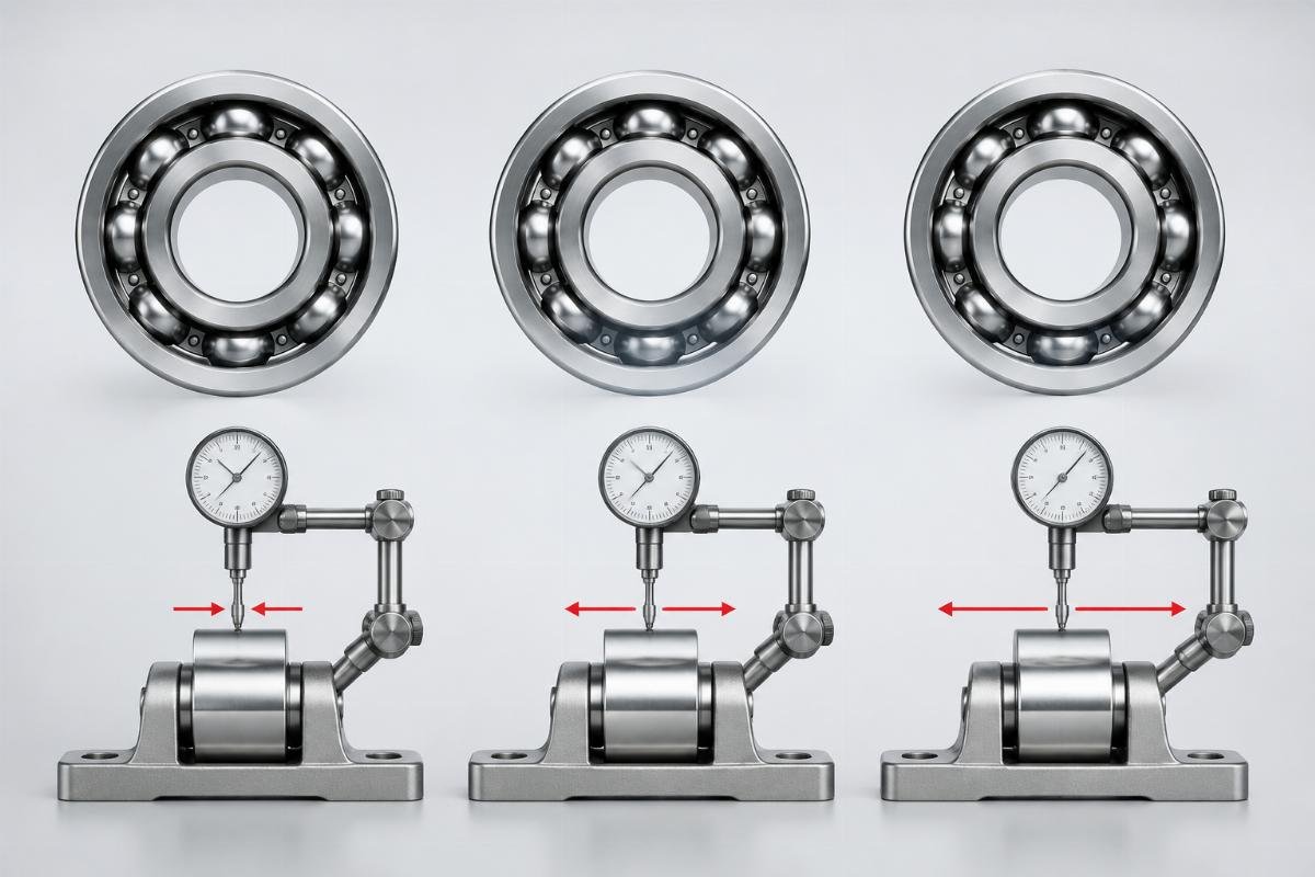 Bearing internal clearance grades (C2/C3/C4) shown with actual radial play dimensions according to ISO 5753 standards Bearing Internal Clearance Comparison: C2, C3, C4 clearance ranges visualized with radial play measurements