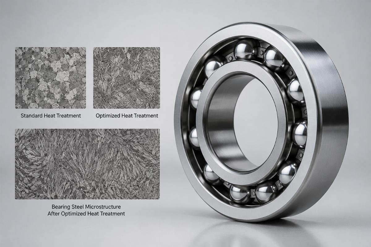 Bearing steel microstructure after optimized heat treatment Microstructure comparison: standard vs. optimized heat treatment showing uniform martensite formation