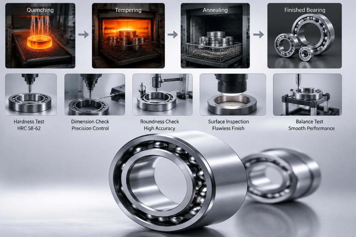 China bearing factory heat treatment process ensuring HRC 58-62 hardness and toughness balance China bearing factory heat treatment process flow: quenching, tempering, annealing stages with quality control checkpoints