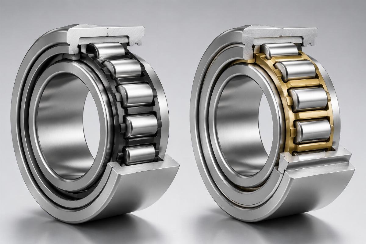 Cross-section comparison of standard vs custom cylindrical roller bearings showing modified raceway and cage design Custom Cylindrical Roller Bearing Design