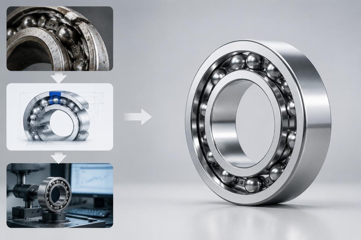 Custom bearing solution implementation process showing failure analysis, engineering design, and performance validation stages Conveyor Bearing Failure Analysis Process