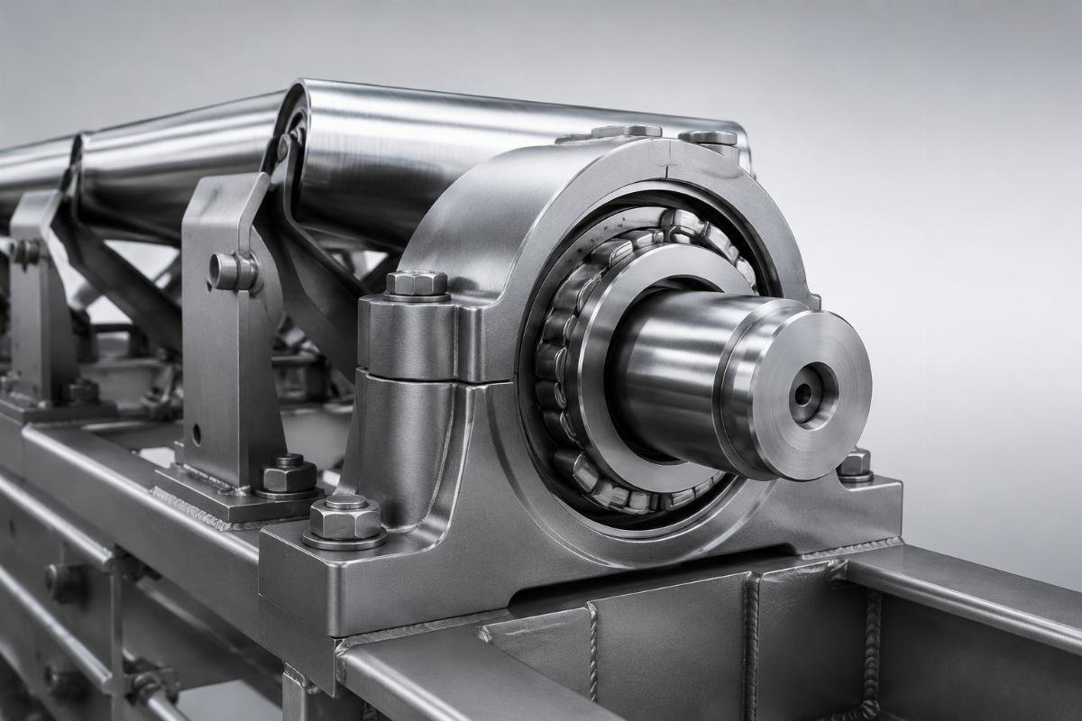 Custom spherical roller bearings installed in steel mill conveyor system showing modified sealing and clearance design Steel Mill Conveyor Bearing Installation