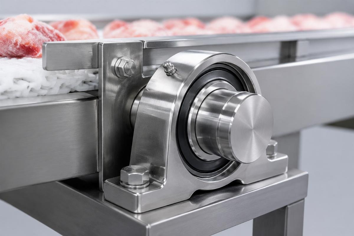 Custom stainless steel bearings with Viton seals installed in frozen food conveyor system Food Processing Conveyor Bearing Installation
