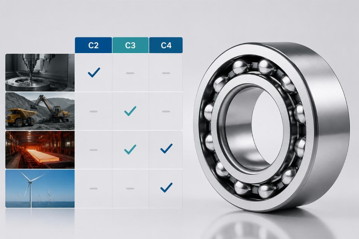 Industrial bearing clearance selection guide for CNC, mining, steel, and wind energy applications Application-specific clearance selection matrix showing C2/C3/C4 recommendations by industry sector