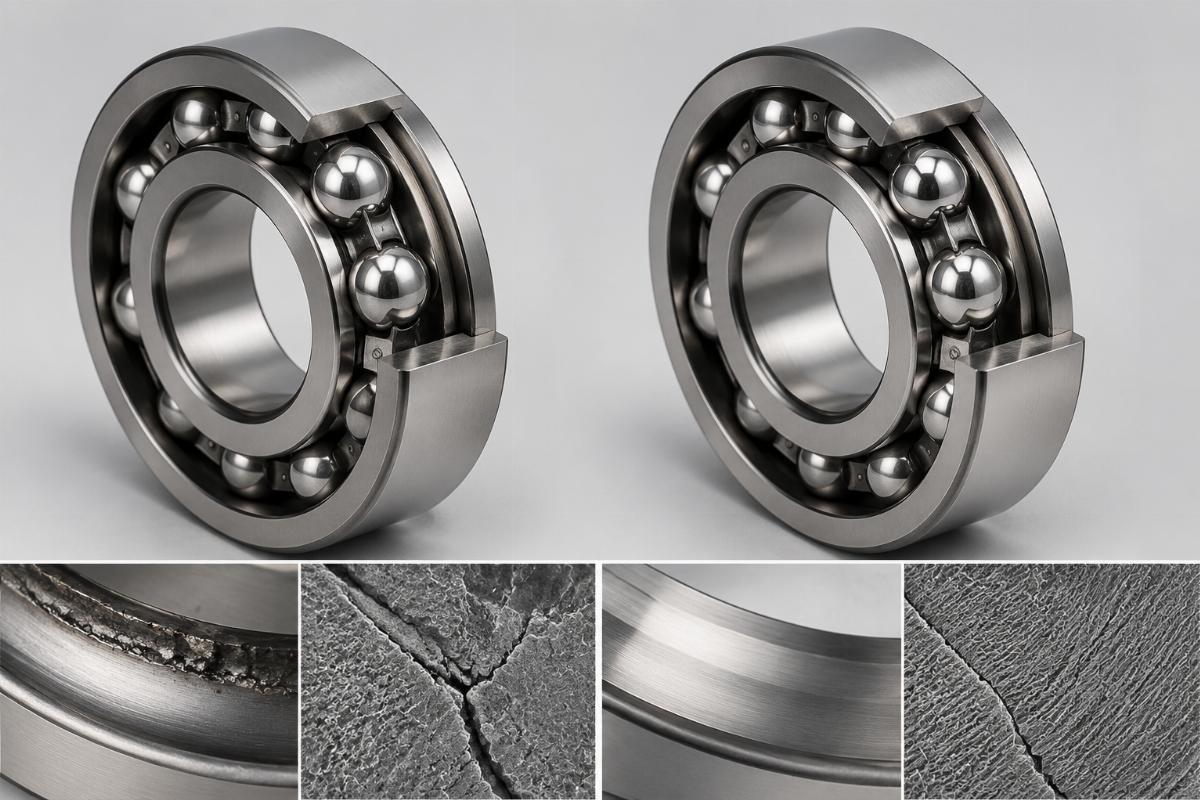 Microscopic examination showing fatigue crack propagation in ISO 9001-only vs IATF 16949-certified bearings