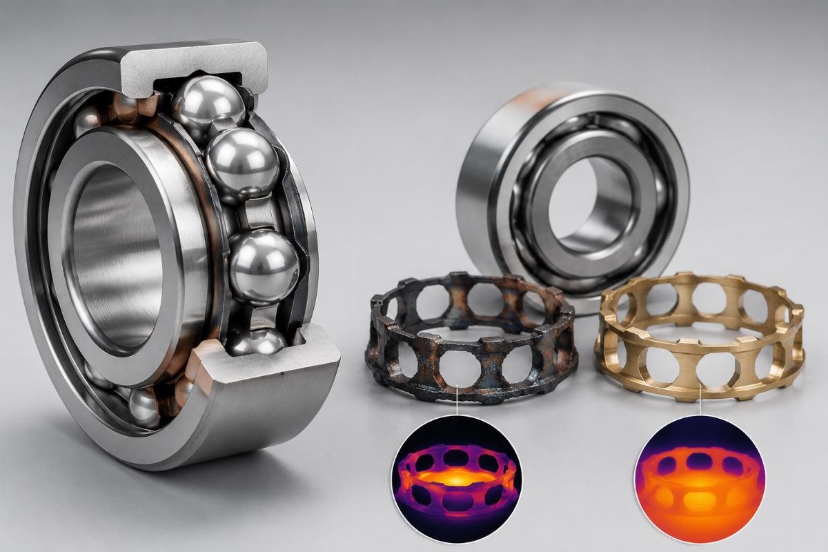 Temperature impact on bearing cage performance in mining applications Bearing cage failure analysis showing heat damage in steel vs brass components